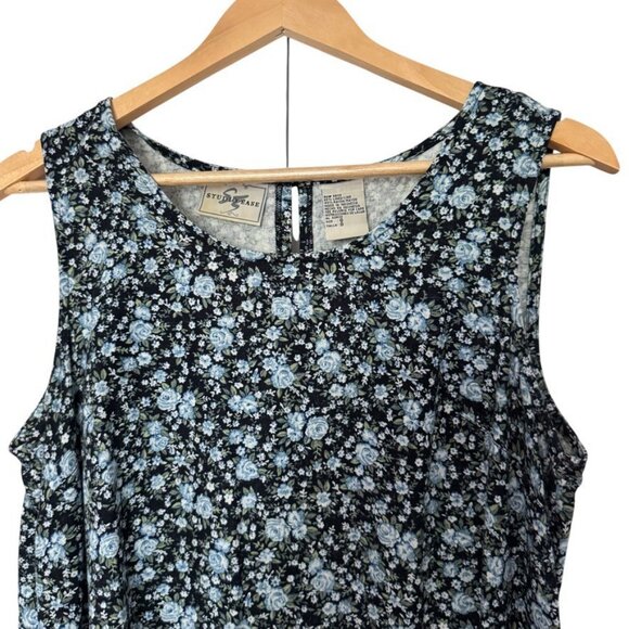 Vintage 1990s Studio Ease Linen Blend Dark Florals Blue Maxi Shift Dress Sz 8 - Picture 5 of 7